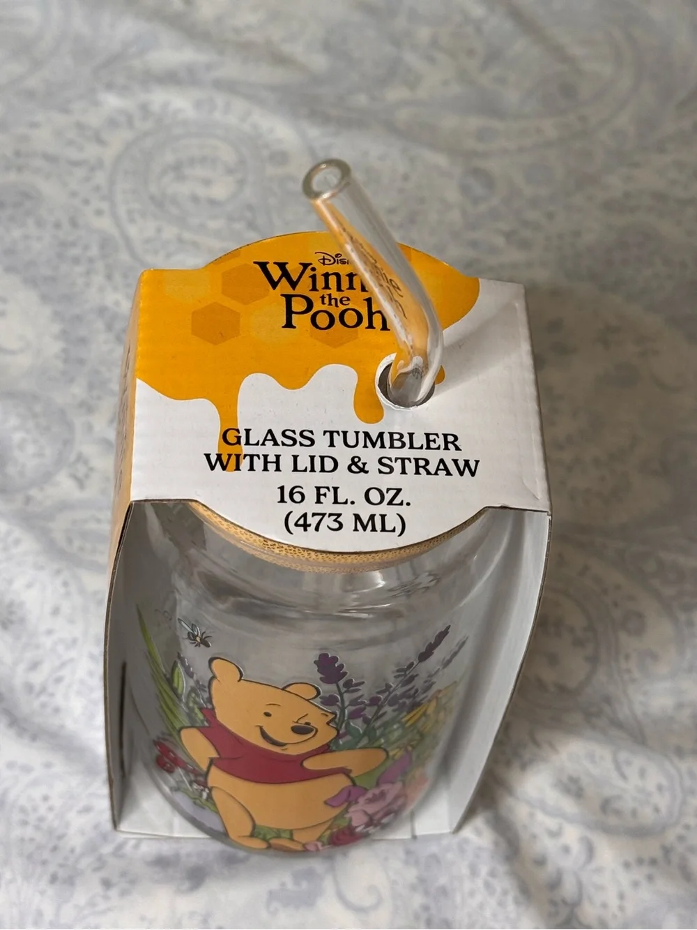 Disney Winnie the Pooh & Piglet Glass Tumbler with glass straw & bamboo lid